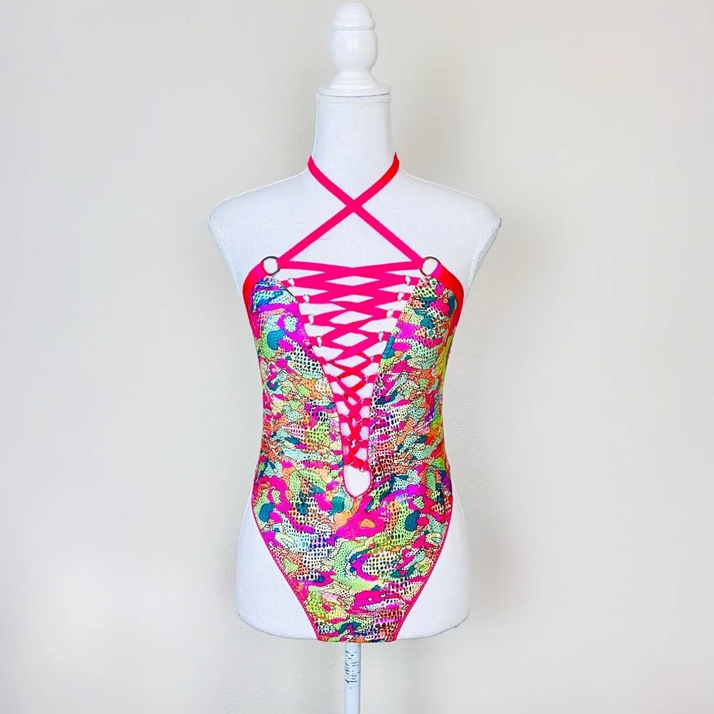 HTF Club Exx Hot Pink & Green Foil Lace Up Rivet Strappy Rave Halter Bodysuit - Picture 1 of 15